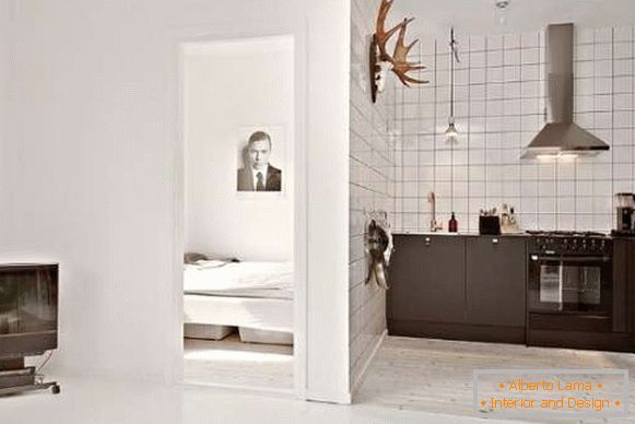 Дизайн інтер'єру кухні в маленьких квартирах студіях - фото в чорно-білому кольорі