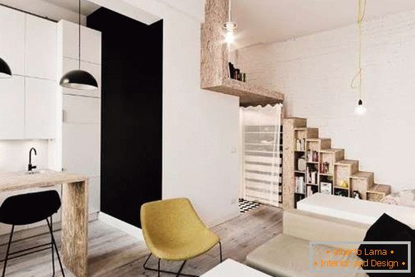 Сучасний дизайн квартири студії в чорному, білому і коричневому тонах