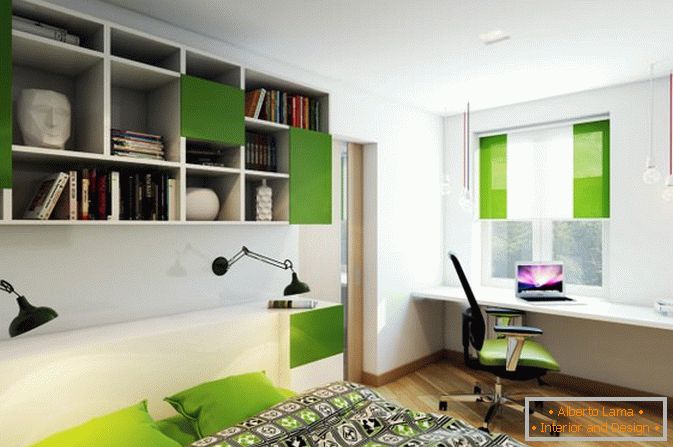 Зелені акценти в спальні маленької квартири-студії в Росії