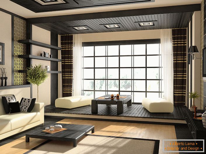 Лаконічність, простота, характерні кольору і декор японського стилю в інтер'єрі вітальні.
