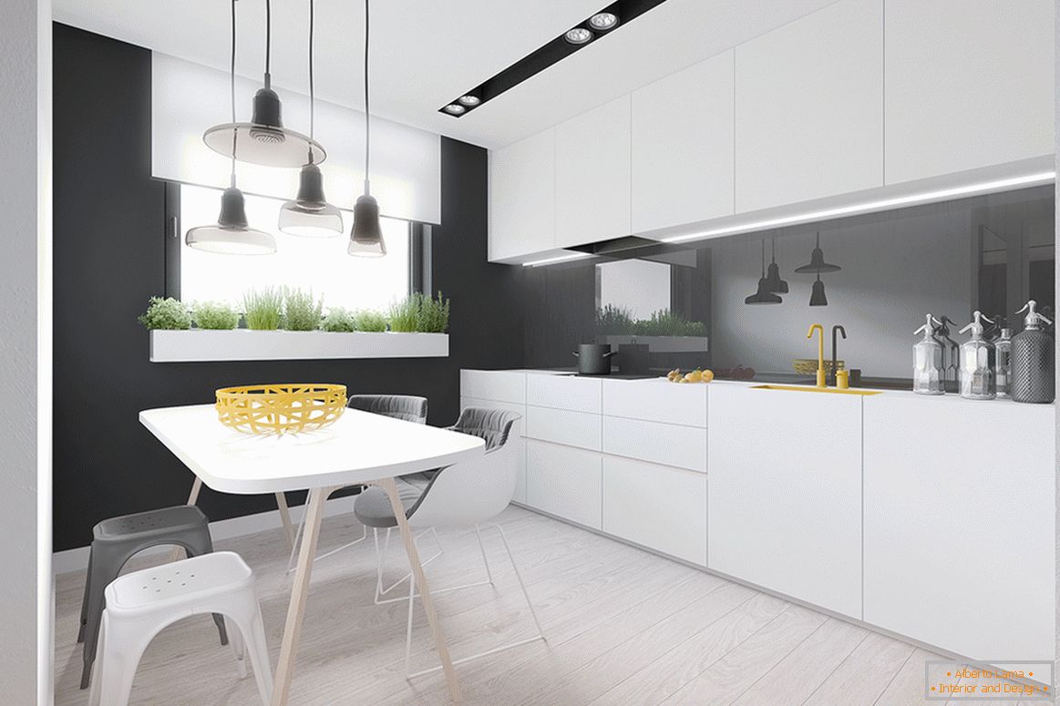 Інтер'єр маленької кухні в чорно-білому кольорі