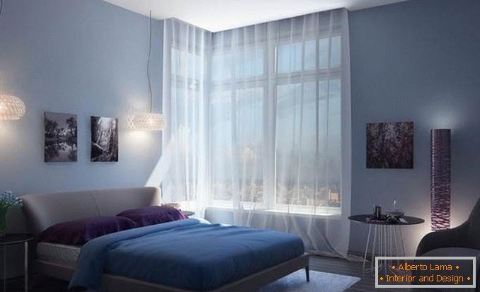 дизайн інтер'єру спальні з кутовим вікном фото