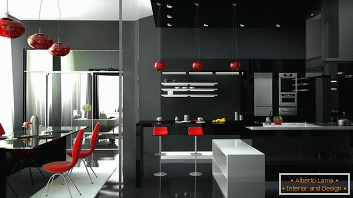 Витончена кімната-студія з оригінальними меблями в стилі хай тек. Червоний колір завжди виглядає на на чорно-білому тлі інтер'єру.