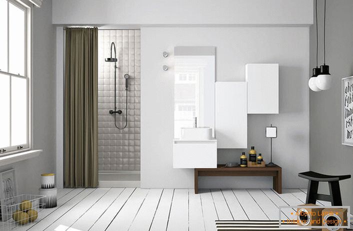 В інтер'єрі ванної кімнати в скандинавському стилі особливо привабливо виглядає дощетчатий підлогу. 