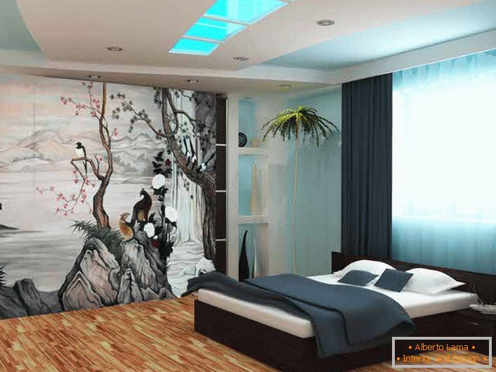 Для оздоблення стін спальні в стилі японського мінімалізму були використані шпалери з фотодруком. Тематичний малюнок робить композицію оригінальною і завершеною.