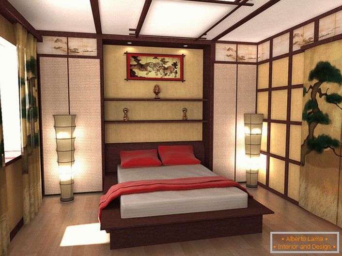 Дизайнерський проект спальні в стилі японський мінімалізм - робота випускника московського вузу. Грамотне поєднання всіх деталей композиції робить спальню стильною і по-східному витонченою.