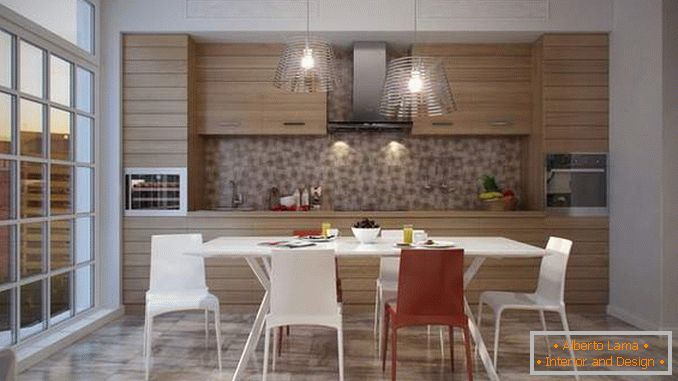 Сучасний дизайн кухні з панорамним вікном - фото інтер'єру