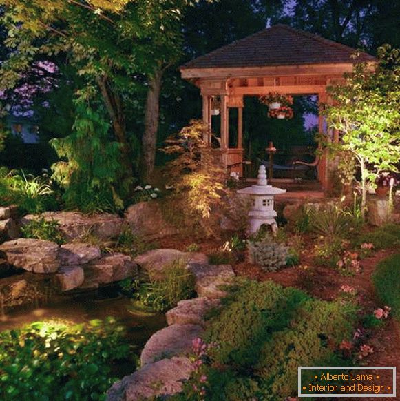Ставок і альтанка в дизайні саду в японському стилі