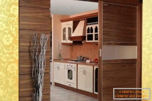 Сучасні дерев'яні розсувні двері для кухні - фото в інтер'єрі