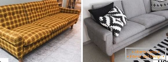 Перетяжка м'яких меблів - фото старого дивана до і після
