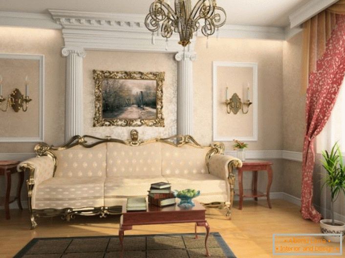 Відповідно до вимог французького стилю кімната для гостей прикрашена ліпниною з гіпсу.