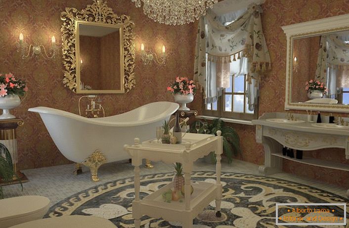 Дизайнерський проект для стильної ванної кімнати в стилі ампір. Вишукана ванна на чотирьох візерункових, золотистих ніжках, дзеркало в різьбленій рамі, люстра з гірського кришталю відмінно поєднуються між собою.