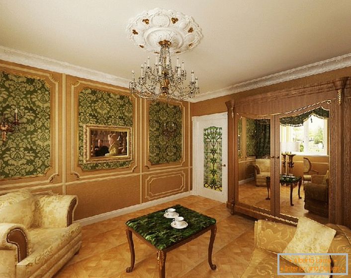 Шляхетний зелений колір в поєднанні з жовтим золотом вигідно виглядає в гостьовій кімнаті в ампер стилі.