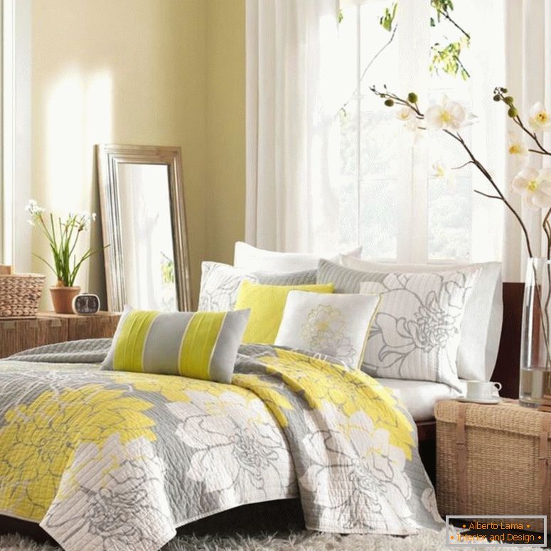 приємний-красивий-квіти-декоративна ідея-змішана-з-сіра-біла спальня-інтер'єр-плюс жовтий-акцент