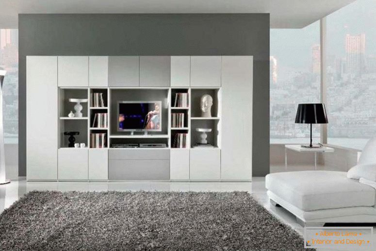 Дизайн-інтер'єр-вітальня з дизайнерським інтер'єром - вітальня з білим великим книжковим шафою - вітальня з дизайном - також сучасна - бавовна-сірий дизайн-ідеї