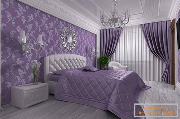 Фіолетові шпалери в спальні в стилі luxury