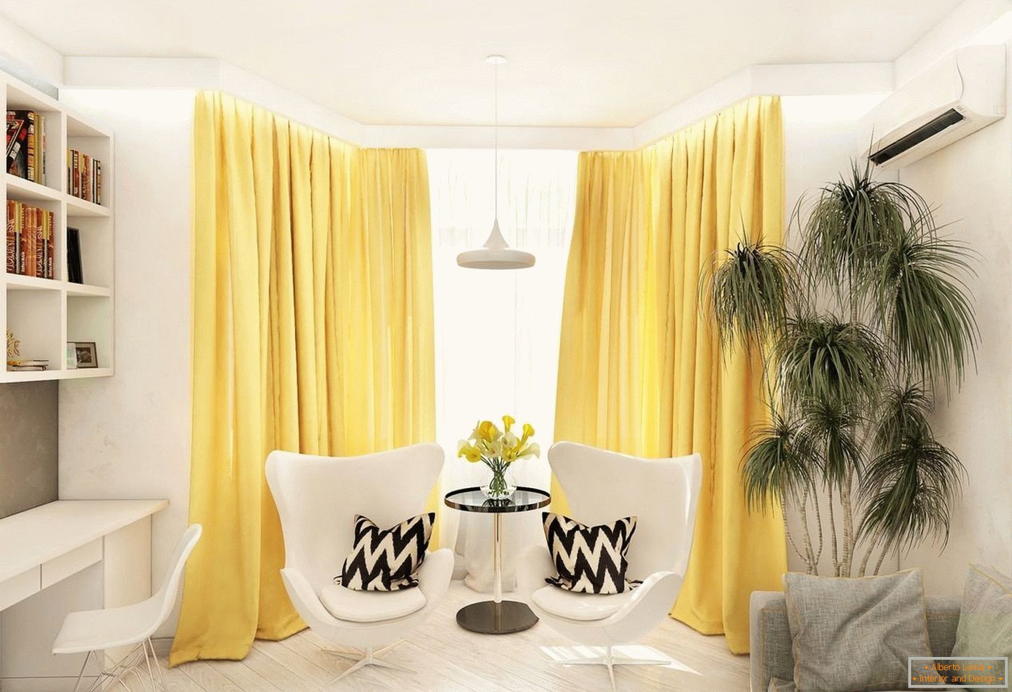 Жовті штори в білій вітальні