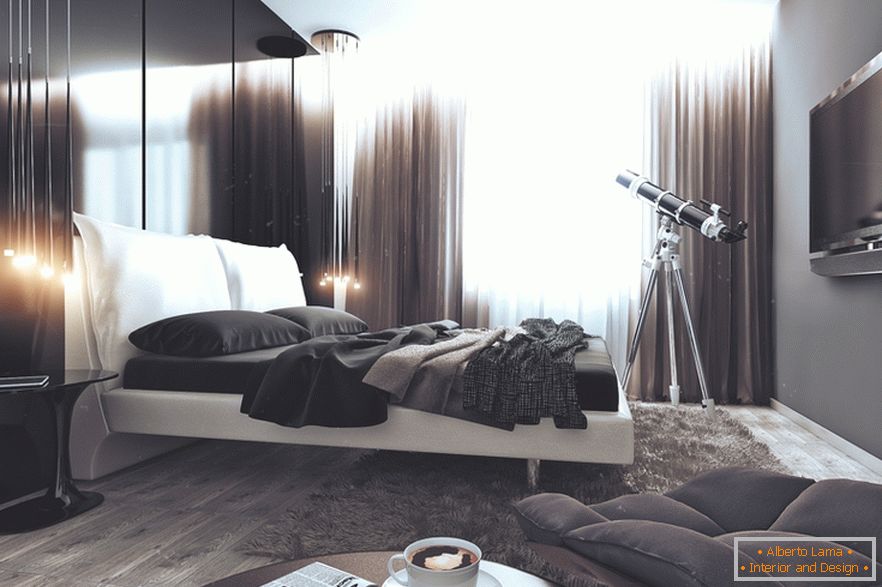 Спальня в чорно-білих тонах в квартирі для успішного холостяка в Росії