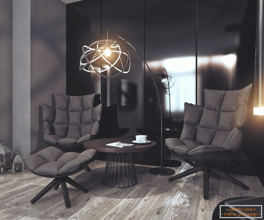 Чорні крісла в спальні в квартирі для успішного холостяка в Росії