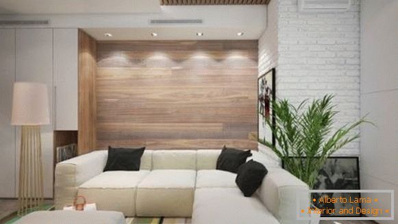 Оздоблення стін дерев'яними панелями - фото вітальні в сучасному стилі
