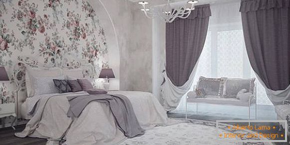 Сучасні лілові штори в спальню - фото в інтер'єрі