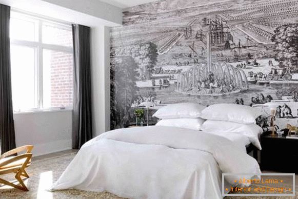 Сучасний дизайн спальні з красивими фотошпалерами