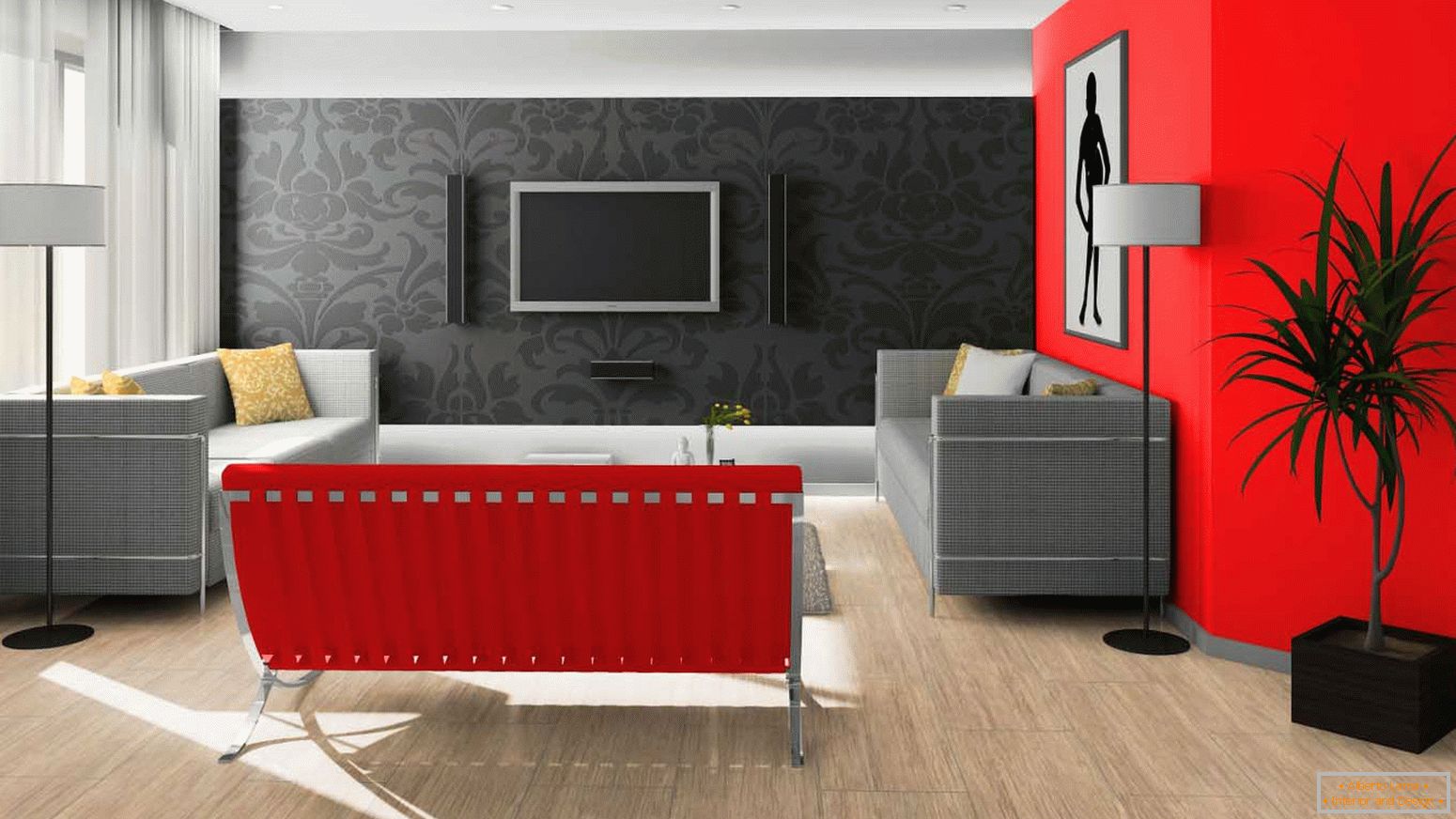 Чорний і червоний в дизайні вітальні