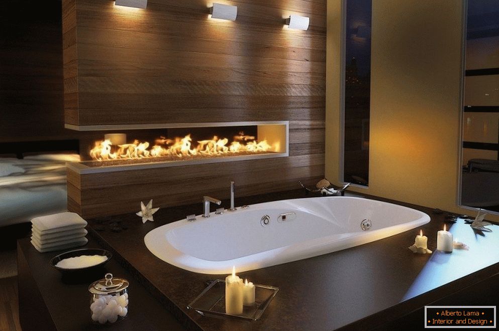 Сучасний дизайн ванної кімнати з каміном