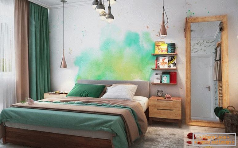 спальня-зелена-акварельна-стіна-арт-кніжкові поліці-веліке дзеркало
