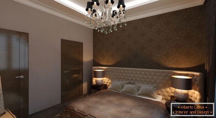 Спальня в стилі арт-деко з правильним освітленням. Приглушене світло створює в кімнаті атмосферу самоти і романтики.