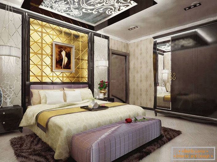 Розкішна спальна кімната в стилі арт-деко в будинку французької сім'ї. 