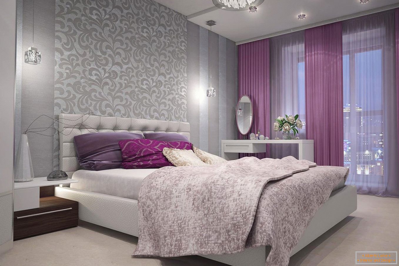 Фіолетові штори в спальні