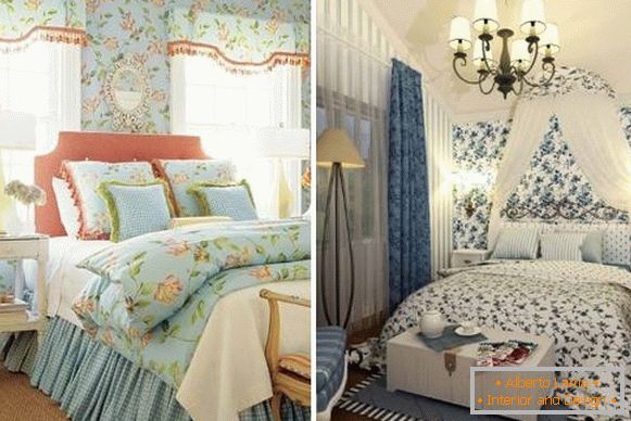 Штори в стилі прованс для спальні - фото в поєднанні з шпалерами