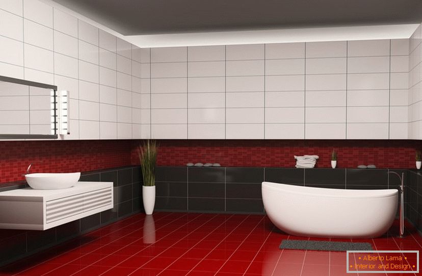 Червона, чорна і біла плитка в дизайні ванної