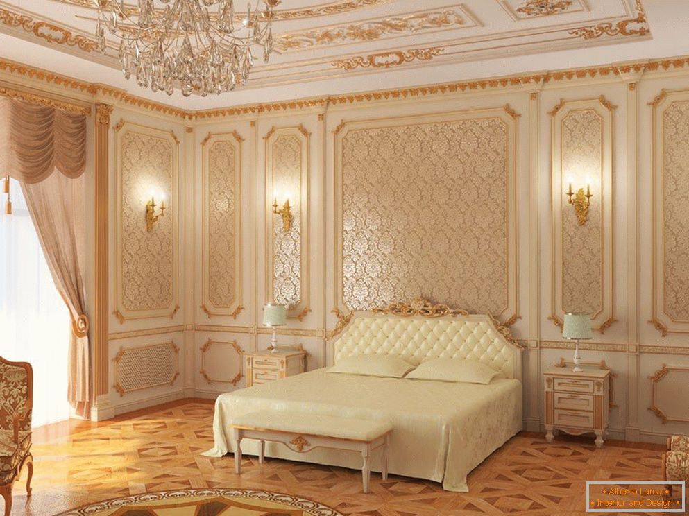 Білі стелю і стіни спальні з золотими узорами