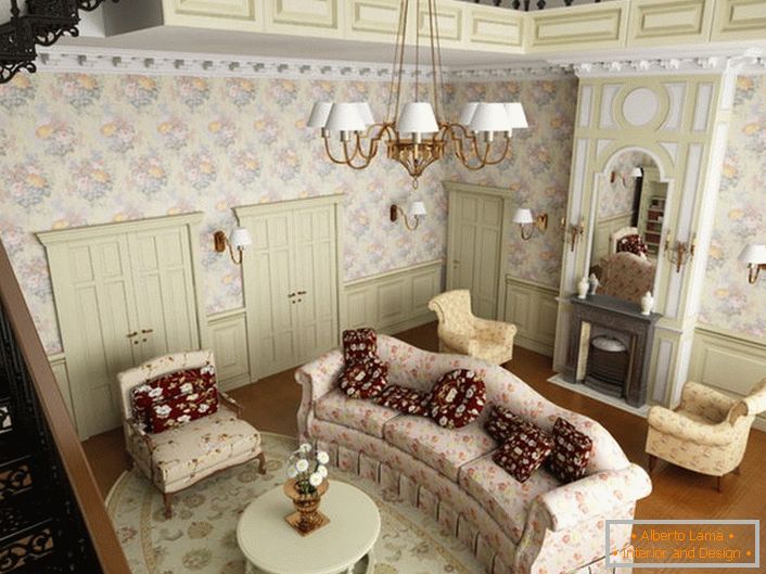 Вітальня в стилі кантрі на першому поверсі великого будинку в Підмосков'ї. У відповідності зі стилем підібрана м'які меблі з тканини з квітковим малюнком.