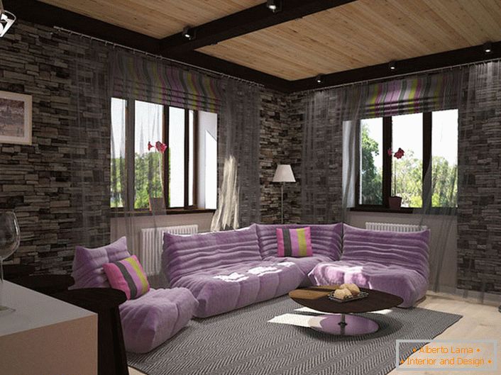 Дизайнерський проект для затишній вітальні в лофт стилі. Оздоблення стін з каменю гармонійно поєднується з м'якими меблями ніжно-фіолетового кольору.