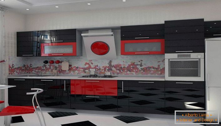 Поєднання насиченого червоного і контрастного чорного кольору ідеально підходить для оформлення кухні в стилі модерн.