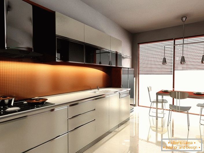Приглушене світло в кухні в модерн стилі робить атмосферу романтичної. Ефект досягається за допомогою жалюзі, які закривають панорамні вікна.