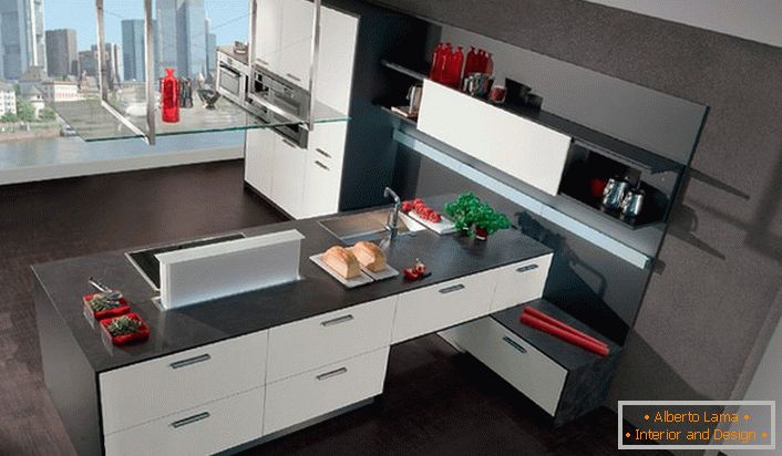 Простір на кухні в стилі модерн оформлено функціонально. Широкі навісні полки і шафи місткі і практичні у використанні, що дуже важливо, коли мова йде саме про кухню.