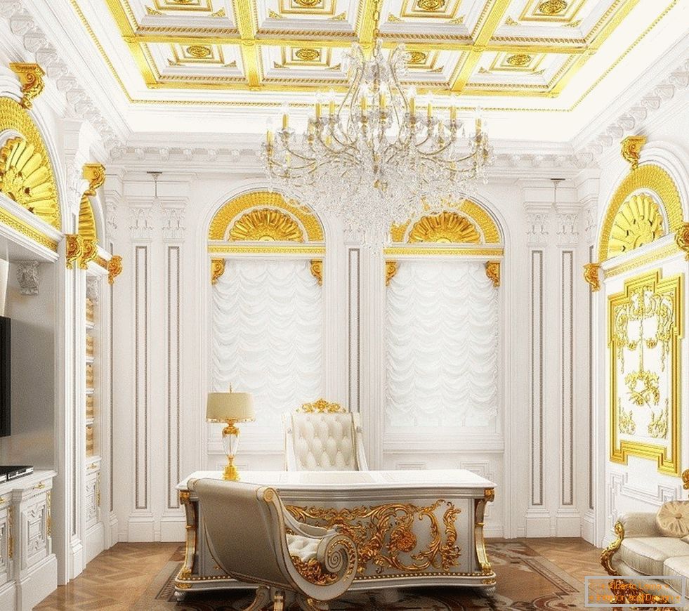 Кабінет з білим інтер'єром і золотим декором