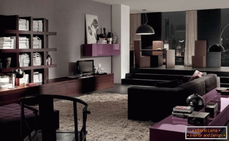 вітальня-захоплююча картина-сучасного-фіолетового-коричневого та чорного-вітальня-прикраса-використовую-великий-купол-чорний-living-room-підвісний-лампа-тіні-включаючи-чорний-оксамит- вітальня-диван-і-квадрат-біла-я