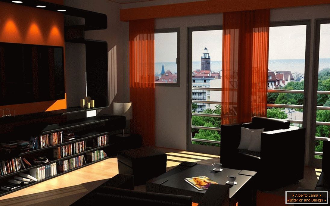 Темна меблі і помаранчеві штори у вітальні