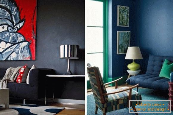 Темно-сині стіни в дизайні вітальні