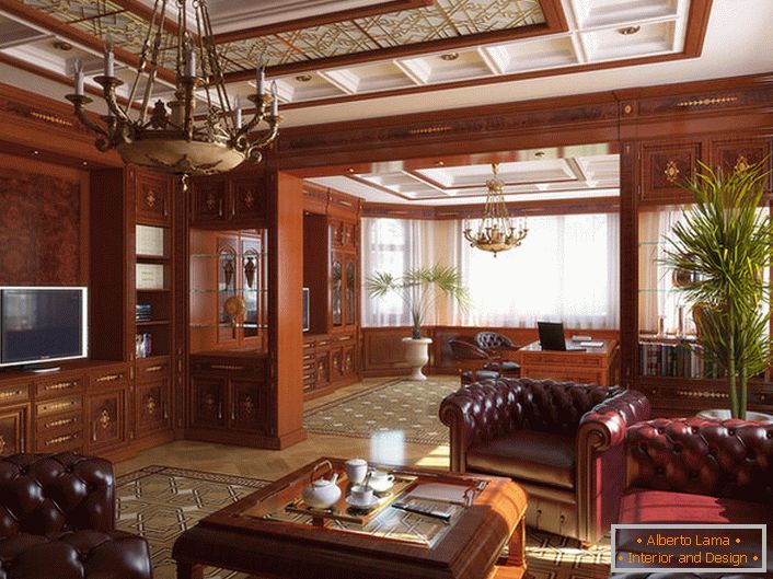 Вітальня в англійському стилі оформлена переважно з використанням благородних порід деревини.