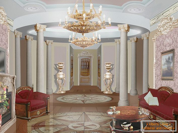 Велична масивні меблі з дерева з пишною оббивкою і невеликий журнальний столик в тон - правильно обставлена ​​гостьова кімната в бароко стилі.