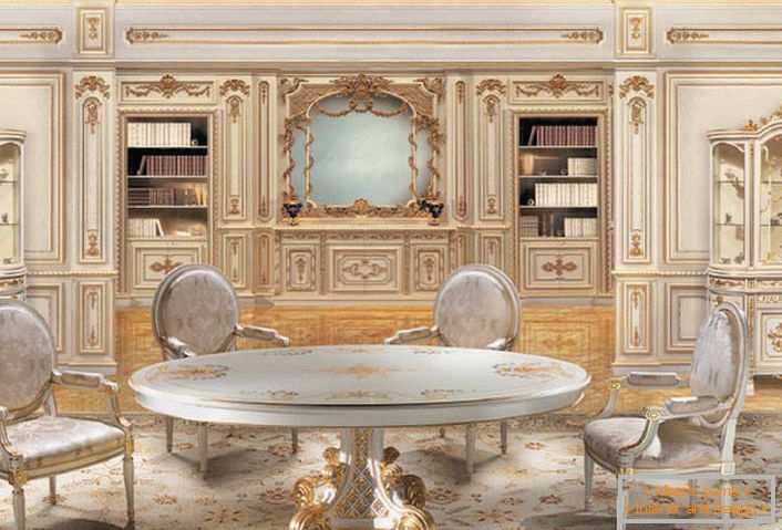Дизайнерський проект в стилі бароко для великої вітальні. Дерев'яні стільці і стіл виконані в одному стилі.