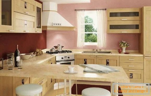 Інтер'єр кутової кухні з барною стійкою - фото в бежевих і рожевих тонах