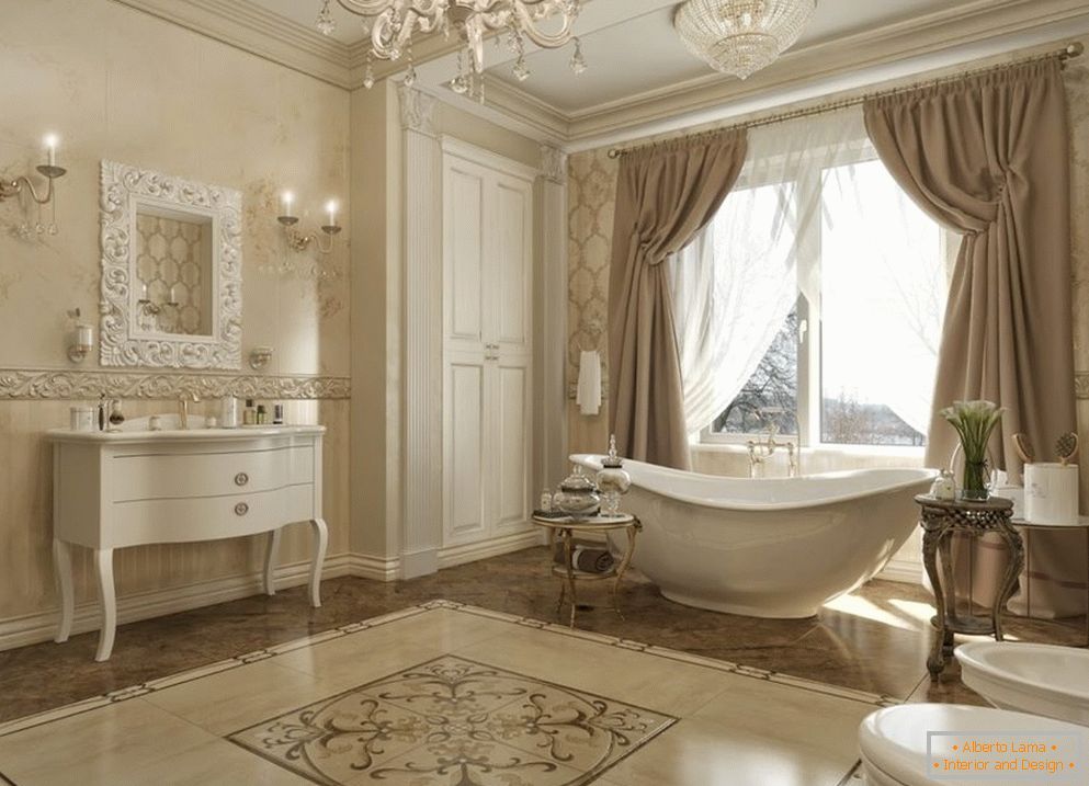 Вікно зі шторами в ванній в класичному стилі
