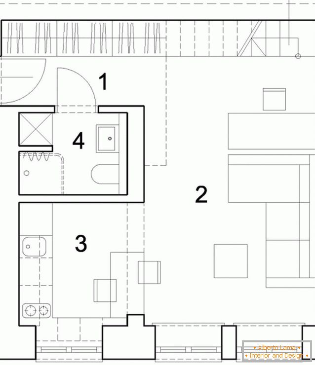 Планування першого рівня двоповерхової квартири-студії в Польщі